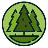 A green circle with three trees in it