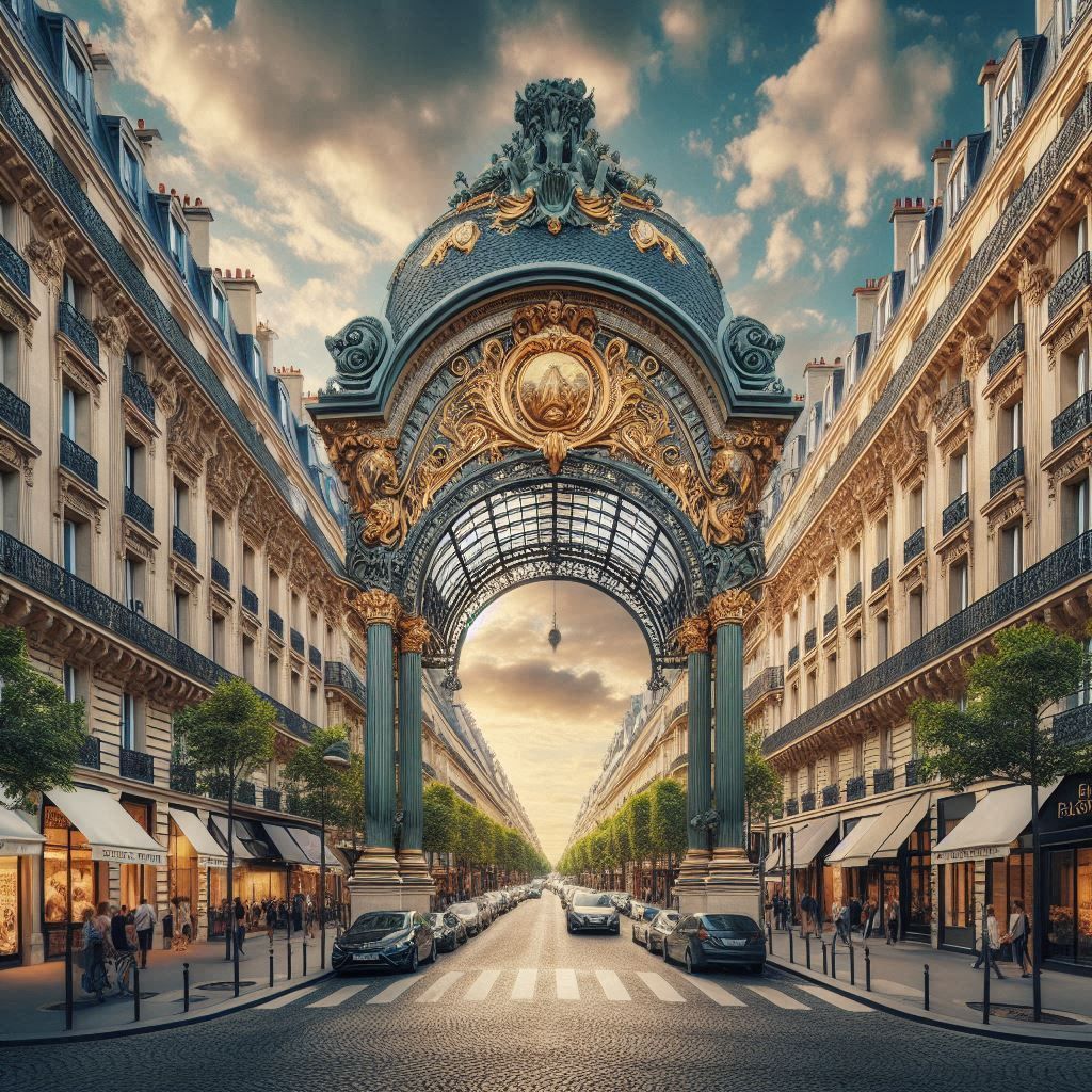 Une rue de Paris avec une grande arche entre deux bâtiments.