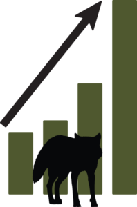 A silhouette of a coyote standing in front of a graph with an arrow pointing up.