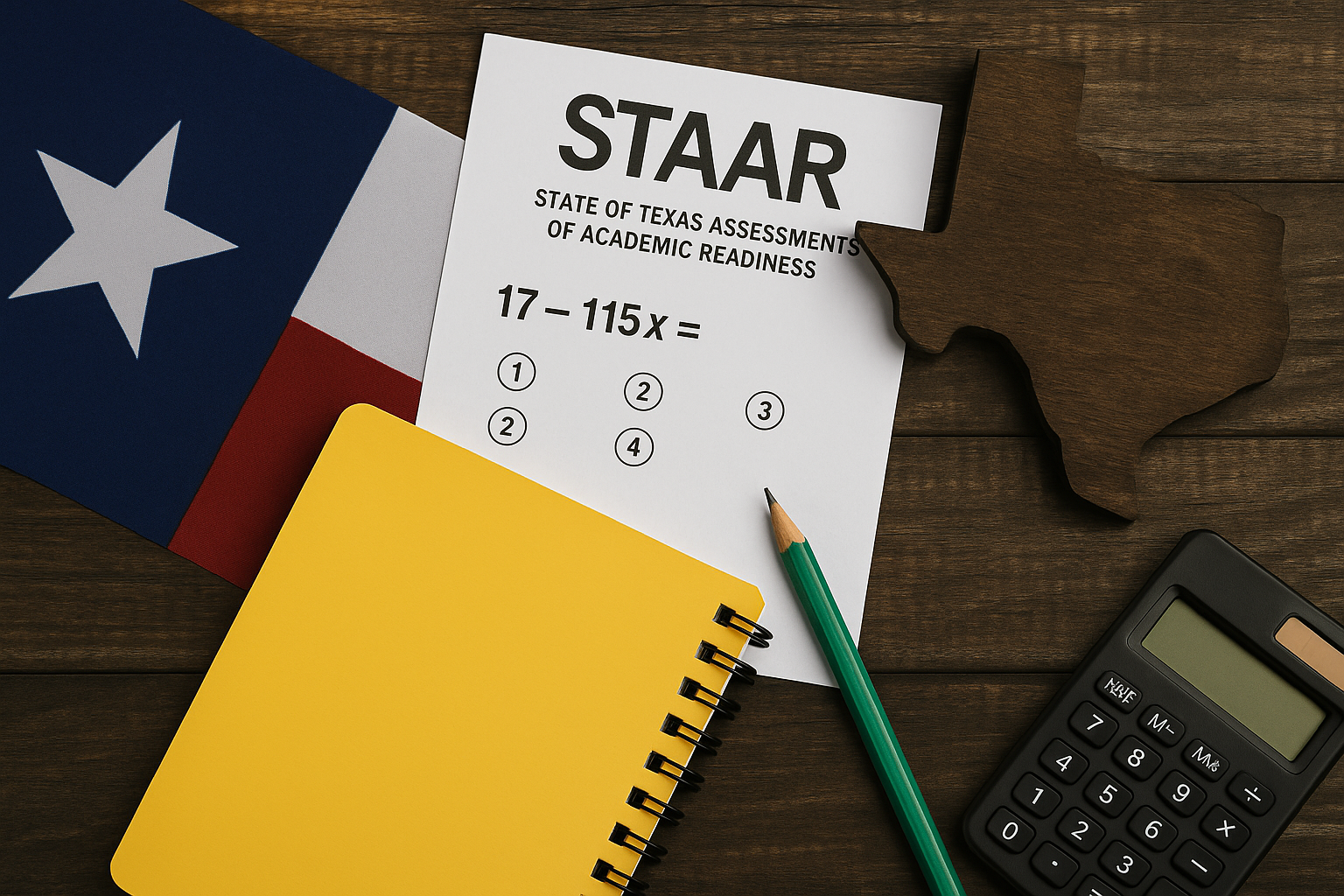 A calculator , notebook , pencil and texas flag on a wooden table.