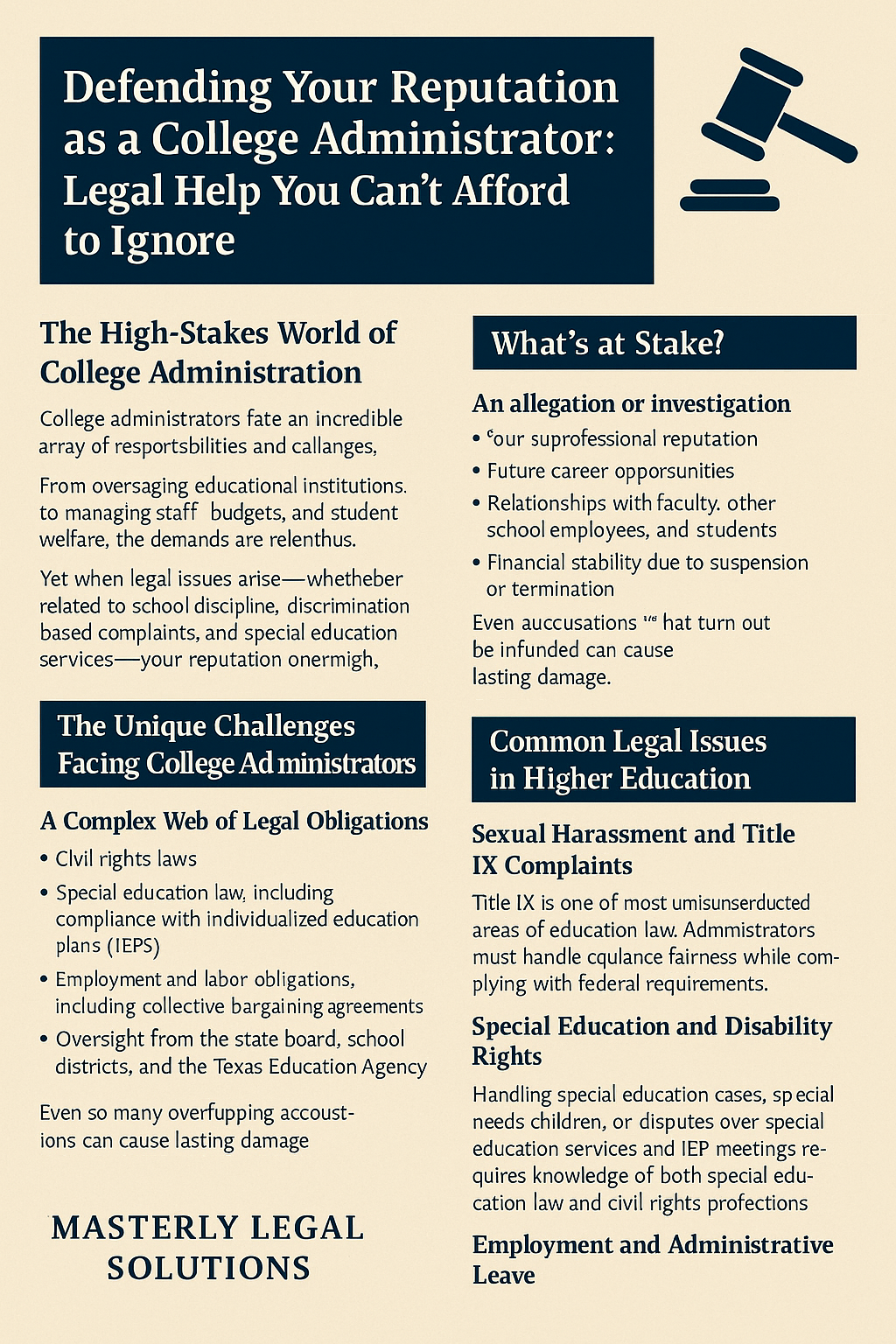 Informational graphic titled ‘Defending Your Reputation as a College Administrator: Legal Help You Can’t Afford to Ignore.’ It highlights key sections such as ‘The High-Stakes World of College Administration,’ ‘The Unique Challenges Facing College Administrators,’ ‘What’s at Stake?,’ and ‘Common Legal Issues in Higher Education.’ The graphic emphasizes the complex legal responsibilities of administrators, potential risks like damage to reputation and career, and common legal challenges including Title IX complaints, special education disputes, and employment issues. The bottom features the Masterly Legal Solutions logo.