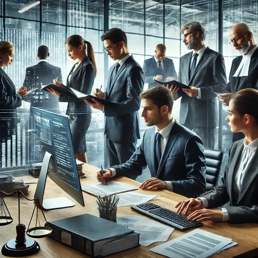 A diverse team of attorneys in a modern corporate office conducting an internal corporate investigation. They are reviewing financial documents, analyzing digital records on computer screens, and interviewing an employee. The atmosphere is serious and focused, reflecting legal expertise and professionalism.