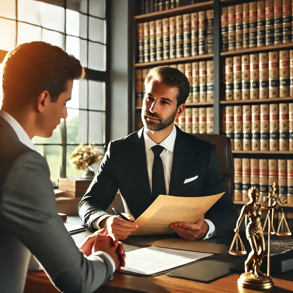 A professional estate planning attorney consulting with a client over important legal documents in a well-lit office. The attorney, dressed in formal business attire, is seated at a desk with neatly organized legal paperwork. Bookshelves filled with legal books are visible in the background, creating a professional and inviting atmosphere.