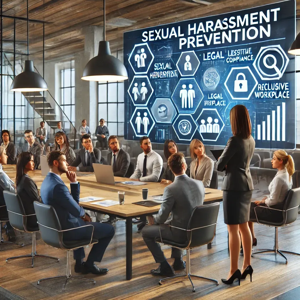 A digital illustration of a workplace harassment prevention training session, showing a diverse group of employees and managers attentively participating in a professional corporate setting. A presenter leads the session with visuals emphasizing legal compliance, inclusive workplace culture, and leadership accountability.