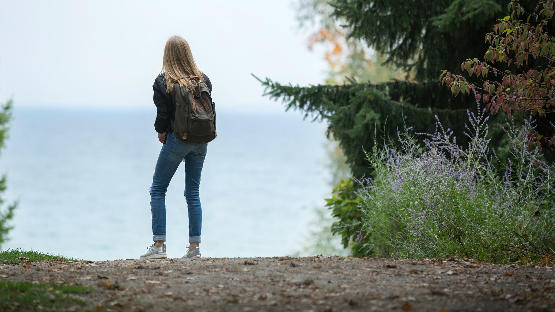 Vrouw met rugzak in de natuur vanaf de rug gezien