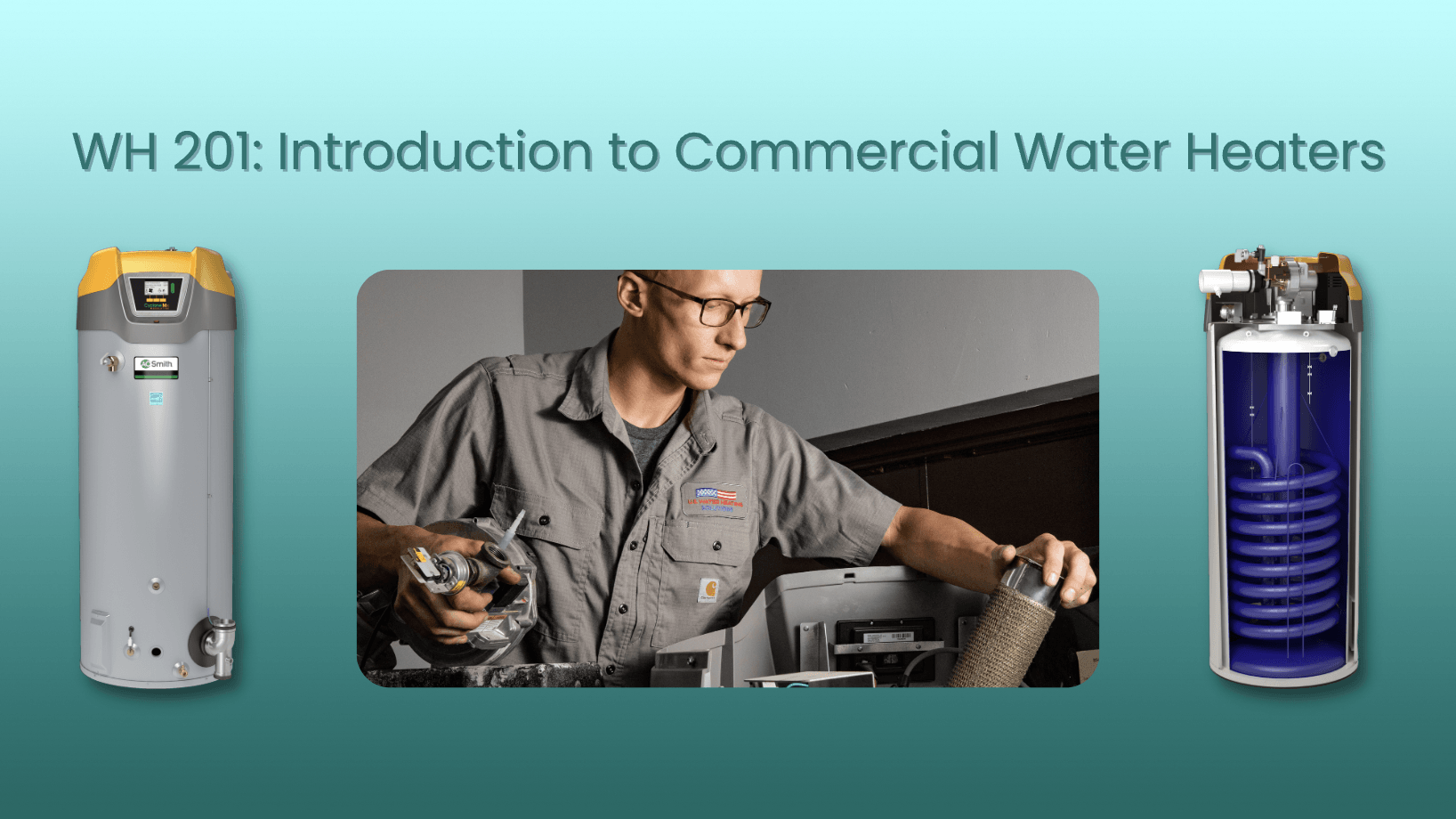 A.O. Smith BTH Unit, service technician with burner assembly, inside of BTH commercial water heater