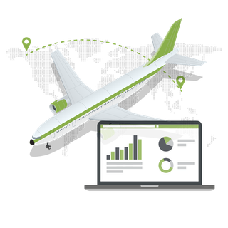An airplane is flying over a laptop with a graph on it.