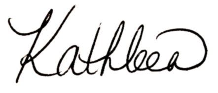 A black and white signature of kathleen on a white background.