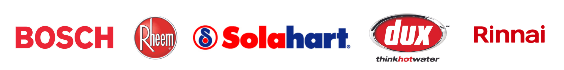 Logos for hot water system suppliers - Rinnai, Dux, Bosch, Rheem, AquaMAX and Stiebel Eltron