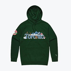 A green hoodie with the word toronto on it.