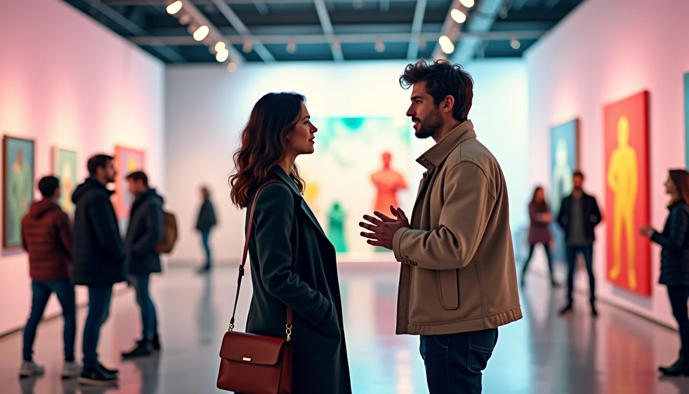 Un uomo e una donna sono in piedi uno accanto all'altro in una Fiera d'arte