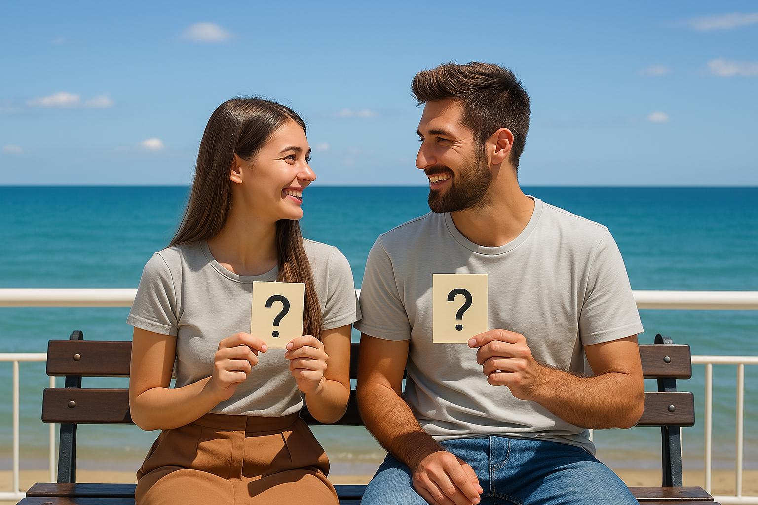 Un uomo e una donna sono seduti su una panchina e tengono in mano delle carte con dei punti interrogativi sopra.